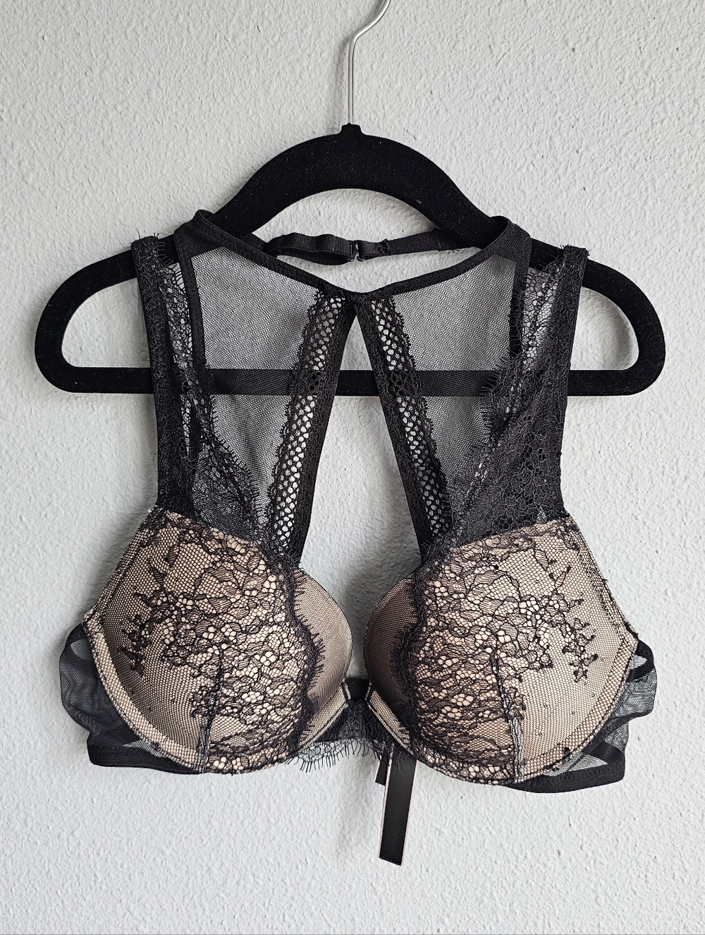 Victoria Secret Black Eyelash Lace Overlay Push-Up Bra with Nude Underlay